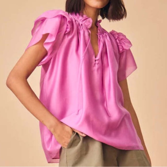 Hunter Bell Milli top, silky fuchsia pink ruffle neck/sleeve relaxed fit blouse - Picture 6 of 12